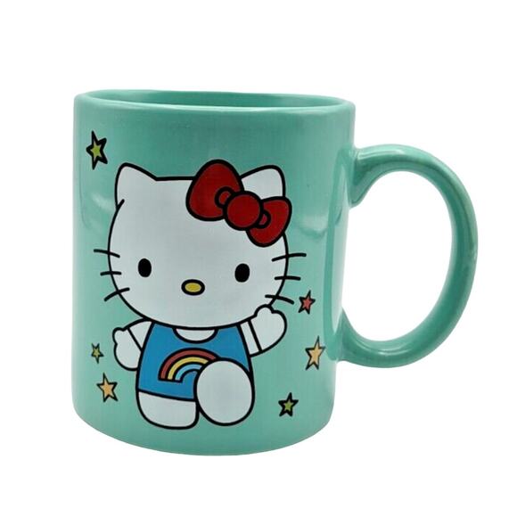 Sanrio Hello Kitty Stars 14OZ Ceramic Coffee Mug, Tea Cup, Teal Green, New - Picture 1 of 3